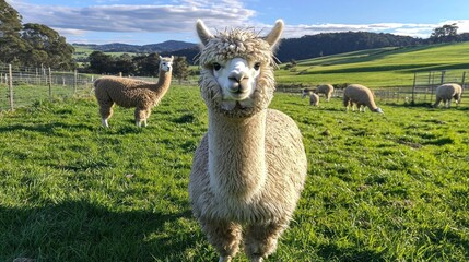 Fototapeta premium A fluffy alpaca looking directly at the camera with a curious expression in a green meadow.