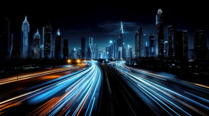 Obraz premium A vibrant city skyline showcases tall buildings under a night sky, with light trails from moving vehicles creating a lively atmosphere on the bustling highway.