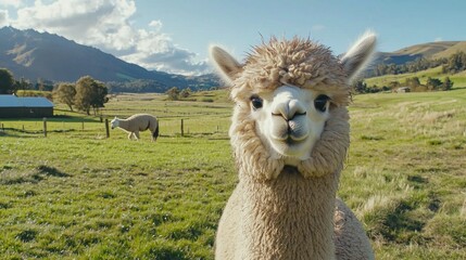Obraz premium A fluffy alpaca looking directly at the camera with a curious expression in a green meadow.