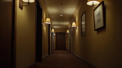 Dimly Lit Hotel Corridor with Decorative Wall Sconces and Carpeted Floor