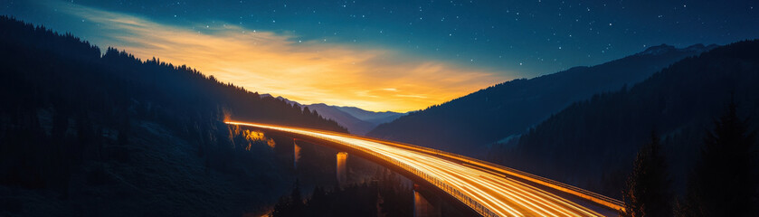 scenic mountain bridge illuminated by car trails under starry night sky