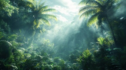 Fototapeta premium Sunbeams illuminate lush tropical rainforest with palm trees and dense foliage.