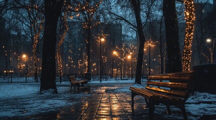 Naklejka premium Peaceful Winter Evening in City Park with Glowing Lights