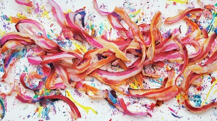 Fototapeta premium Vibrant Abstract Artwork of Colorful Bacon Strips on White Surface