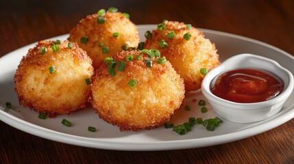 Fototapeta premium Crispy Golden Fried Balls with Dipping Sauce and Green Garnish