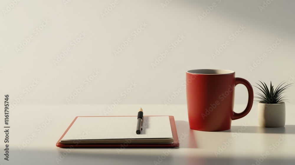 Poster modern workspace scene with a red coffee mug, a notebook with a pen, and a small plant on a minimali