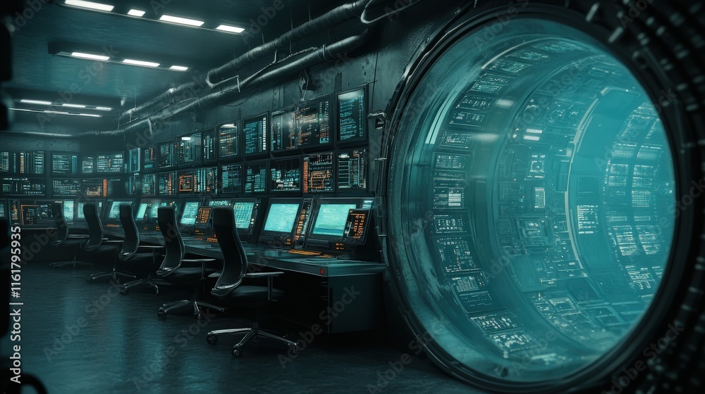 Poster High-Tech Control Room with Futuristic Console Displays and an Innovative Circular Portal Accessing Advanced Technology Environment