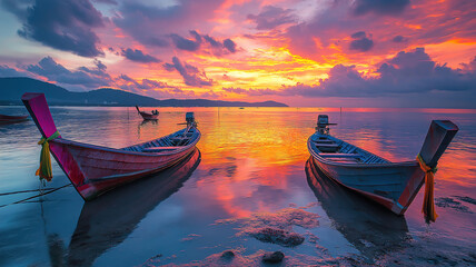 Fototapeta premium Tropical dramatic sunset with colorful cloudy sky and calm evening on the Gulf of Thailand