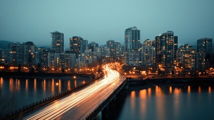 Obraz premium Serene Urban Landscape at Dusk Overlooking a Cityscape with Illuminated Buildings and Light Trails from Moving Vehicles Along a Bridge and Waterway