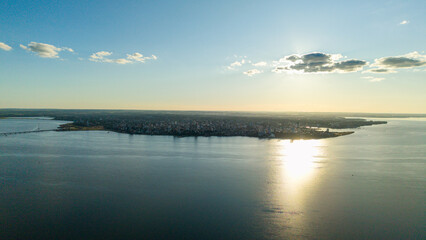 Aerial panoramic view of Posadas city, Argentina. Rio paraná.