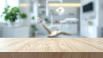 A close up of a empty table with white dental clinic room background