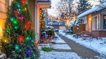 Snowy Evening Street with Colorful Christmas Lights and Decorations