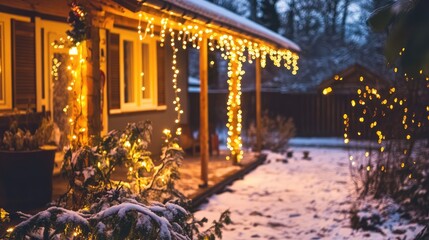 Obraz premium Cozy Home Decorated with Warm Fairy Lights in Winter Wonderland