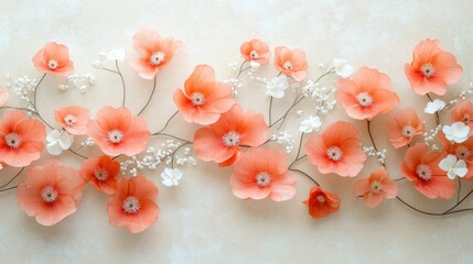 Coral flowers and white accents on taupe canvas with natural light