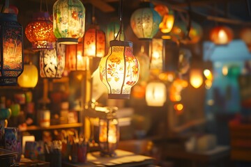 Colorful Handmade Lanterns Displayed in a Vibrant Workshop