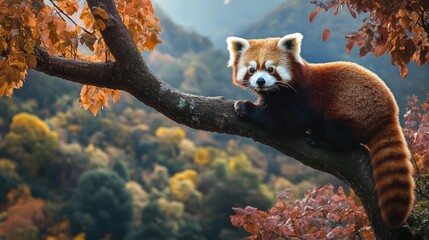 Fototapeta premium Majestic Red Panda in Autumnal Habitat