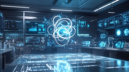 A sleek, modern nanotechnology lab showcasing an atom model surrounded by digital screens and tools.