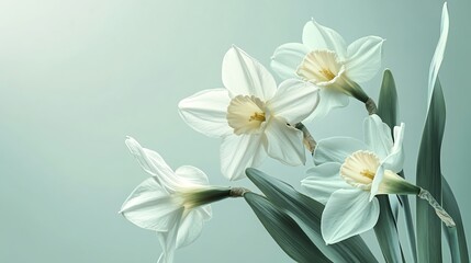 Fototapeta premium Elegant white daffodils bloom against a soft, serene background.