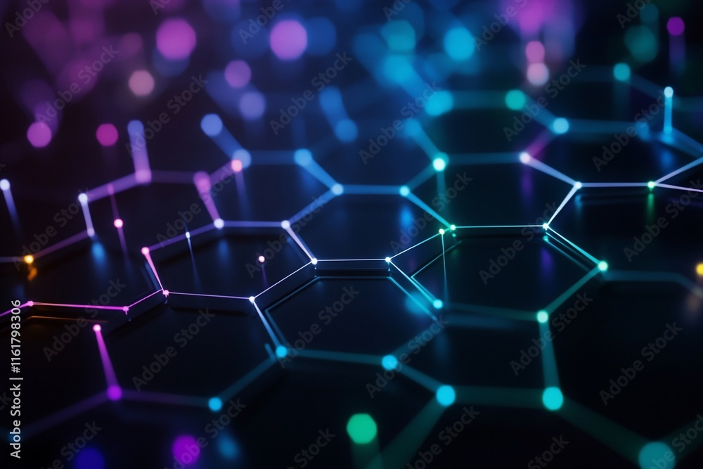 Poster abstract representation of interconnected hexagonal structures with glowing nodes.