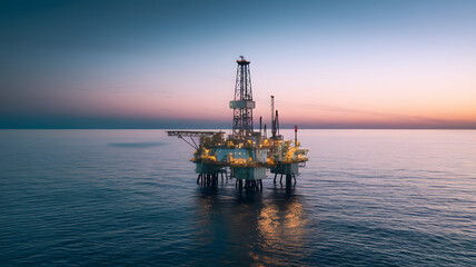 Oil drilling platform standing tall in the vast ocean, symbolizing human innovation and the quest for energy amidst nature's vastness.