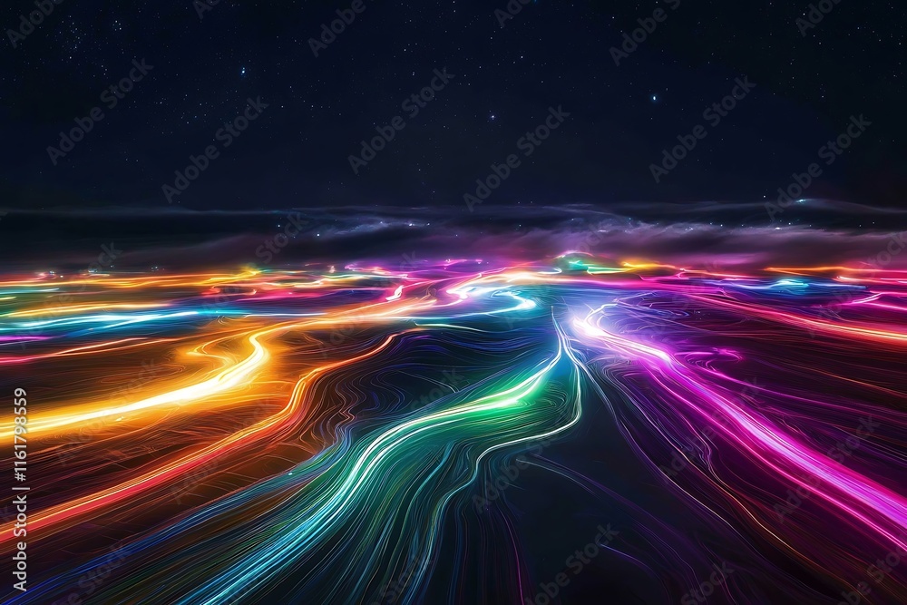 Wall mural an infinite array of brightly colored energy beams flowing across a dark backdrop.