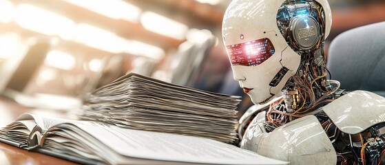 Futuristic Robot Reading in a Modern Library Setting