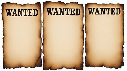 Set of wild west wanted posters isolated on white background