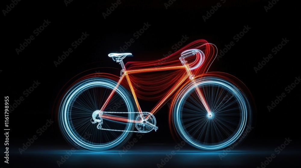 Poster Vibrant Light Trails Creating a Bicycle Glow Effect Against a Dark Background for Dynamic Motion Imagery in Modern Design