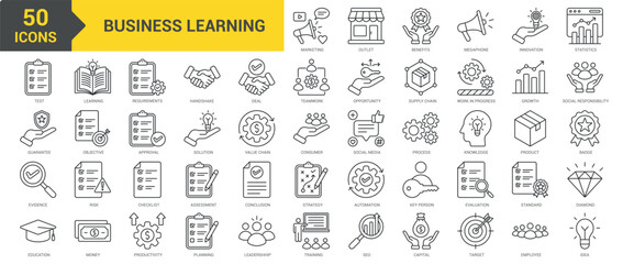 Business Learning icon collection set. Containing marketing, outlet, benefits, innovation, statistics, test, quality, evidence, education, teamwork, opportunity, requirements icon. Simple line vector