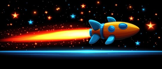 A colorful rocket soaring through a starry space background with a fiery trail.