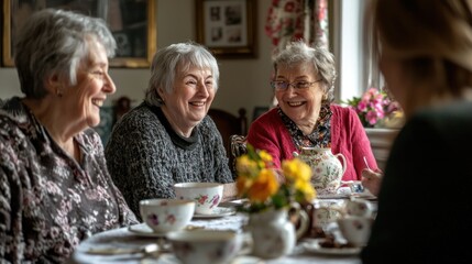 Adult children visiting their parents, sharing laughter and stories over tea.