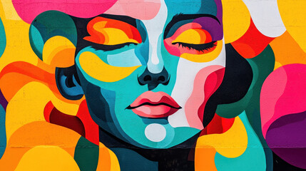 Colorful mural art depicting emotive portrait urban street digital art vibrant environment close-up view artistic expression