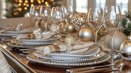 Elegant dining table set for a festive occasion, adorned with decorative elements.