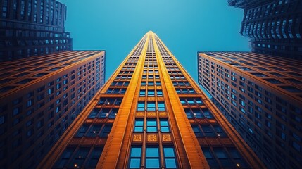 Naklejka premium Low angle view of a tall skyscraper between two buildings at dusk.