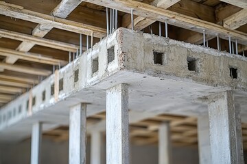 Concrete structure with wooden beams and support columns during construction.