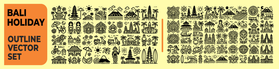The Bali holiday outline vector set captures the essence of tropical paradise, featuring iconic elements like beaches, temples, waves, and palm trees in minimalist black outlines.