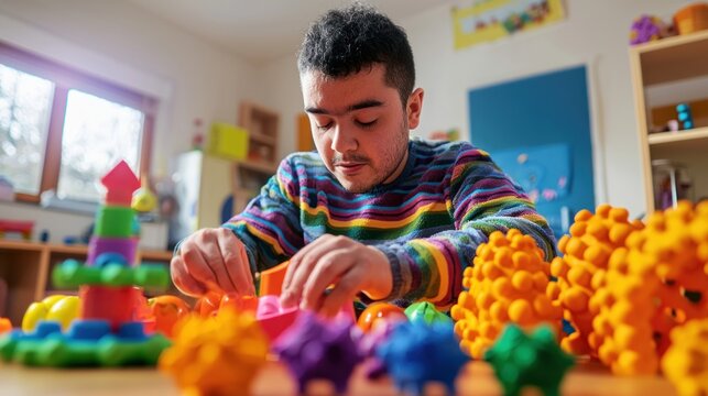 An autistic adult playing with sensory toys in a comfortable and supportive environment.
