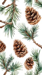 Naklejka premium A pattern featuring pine cones and evergreen branches on a white background.