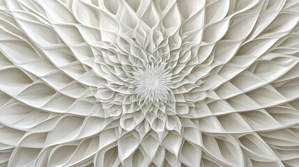 Abstract white floral design with intricate, layered petals forming a radial pattern.