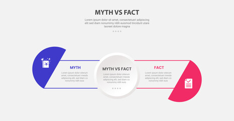 myth vs facts infographic outline style with 2 point comparison template with full circle center and half circle at edge for slide presentation