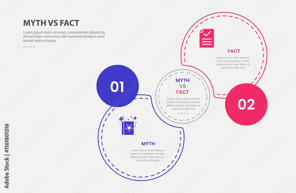 Aufkleber myth vs facts infographic outline style with 2 point comparison template with join or venn circle wi