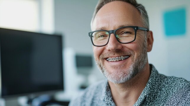An adult with braces smiling confidently in an orthodontist's office.