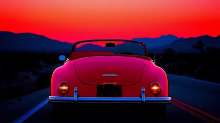 Naklejka premium Red classic convertible driving into sunset.