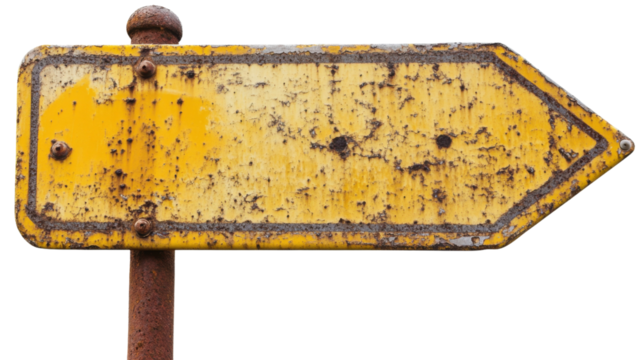 Old yellow metal arrow sign, transparent background