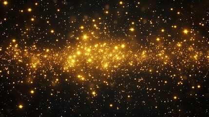 Fototapeta premium Sparkling golden dust particles floating in dark space, abstract background.