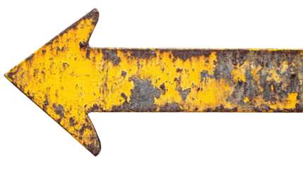 Old yellow metal arrow sign, transparent background