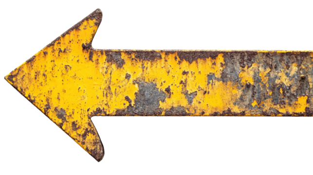 Old yellow metal arrow sign, transparent background
