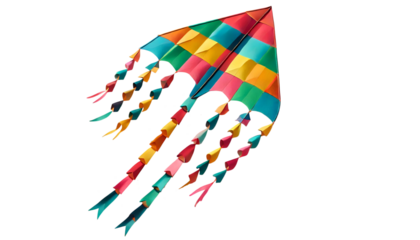 Vibrant colorful kite made of paper flying on a clear transparent background 