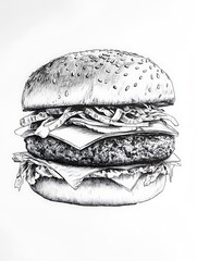 Delicious Hand-Drawn Black and White Burger Illustration