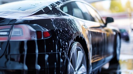 Obraz premium Soapy solutions covering a sleek black car at an automated car wash, emphasizing professional cleaning services.